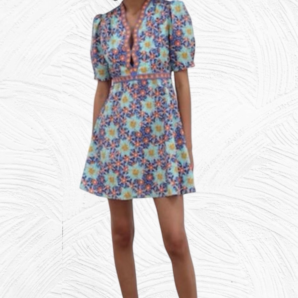 Saloni Tabitha Mini Dress Stargazer Teal 6 Floral Abstract‎ Boho Cotton $565 NWT